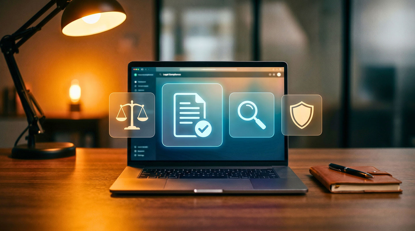 Vue de dessus sur un bureau épuré avec un document administratif et une main tenant un stylet sur une tablette, symbolisant la vérification de conformité