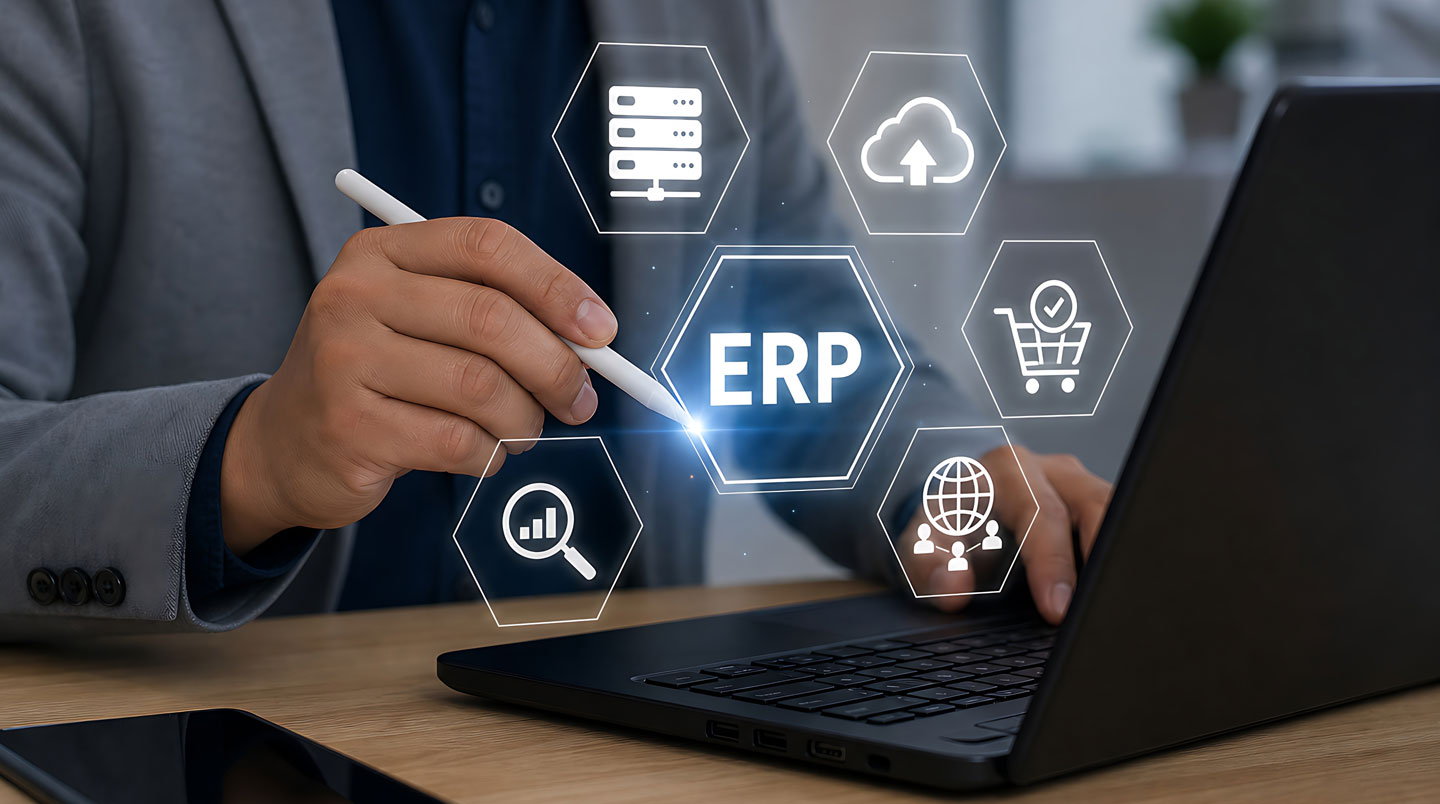 Schéma conceptuel montrant le flux de données entre un ERP et une plateforme de recommandé électronique dans un environnement de bureau professionnel