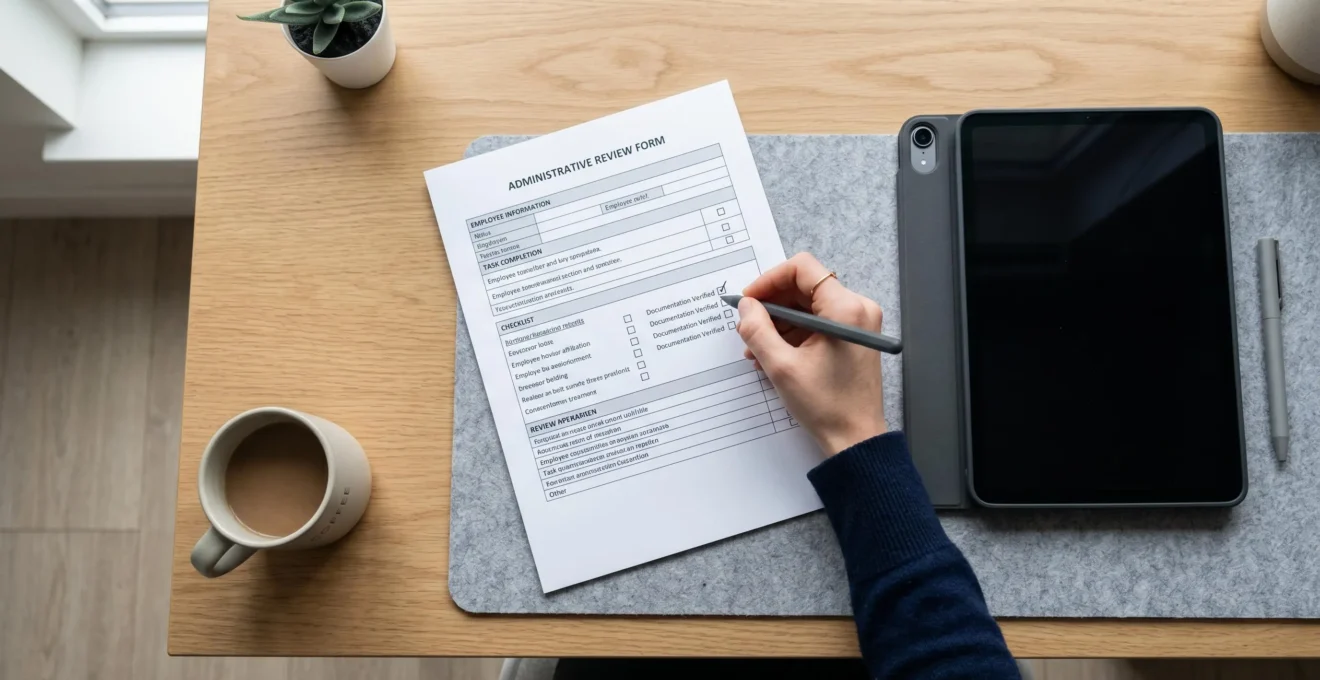 Vue de dessus sur un bureau épuré avec un document administratif et une main tenant un stylet sur une tablette, symbolisant la vérification de conformité