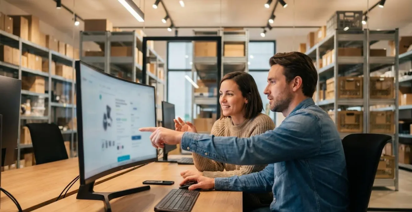 Deux collaborateurs marketing d'un grossiste en matériel technique vérifiant la cohérence de fiches produits sur un grand écran de bureau