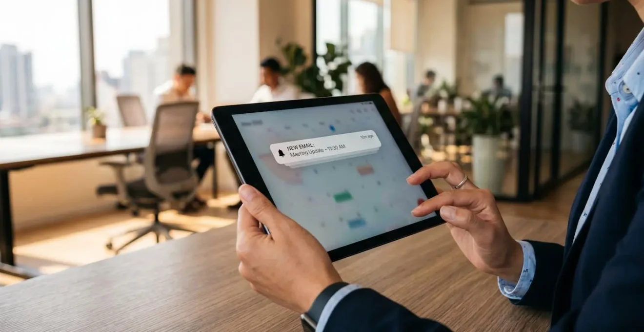 Personne tenant une tablette recevant une notification de recommandé électronique dans un environnement de travail moderne