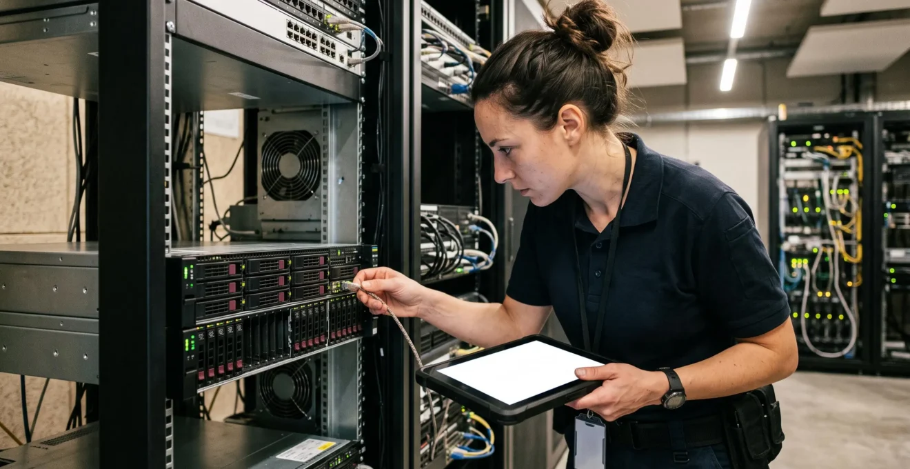 Technicien contrôlant un équipement serveur dans un rack réseau ouvert à l'aide d'une tablette