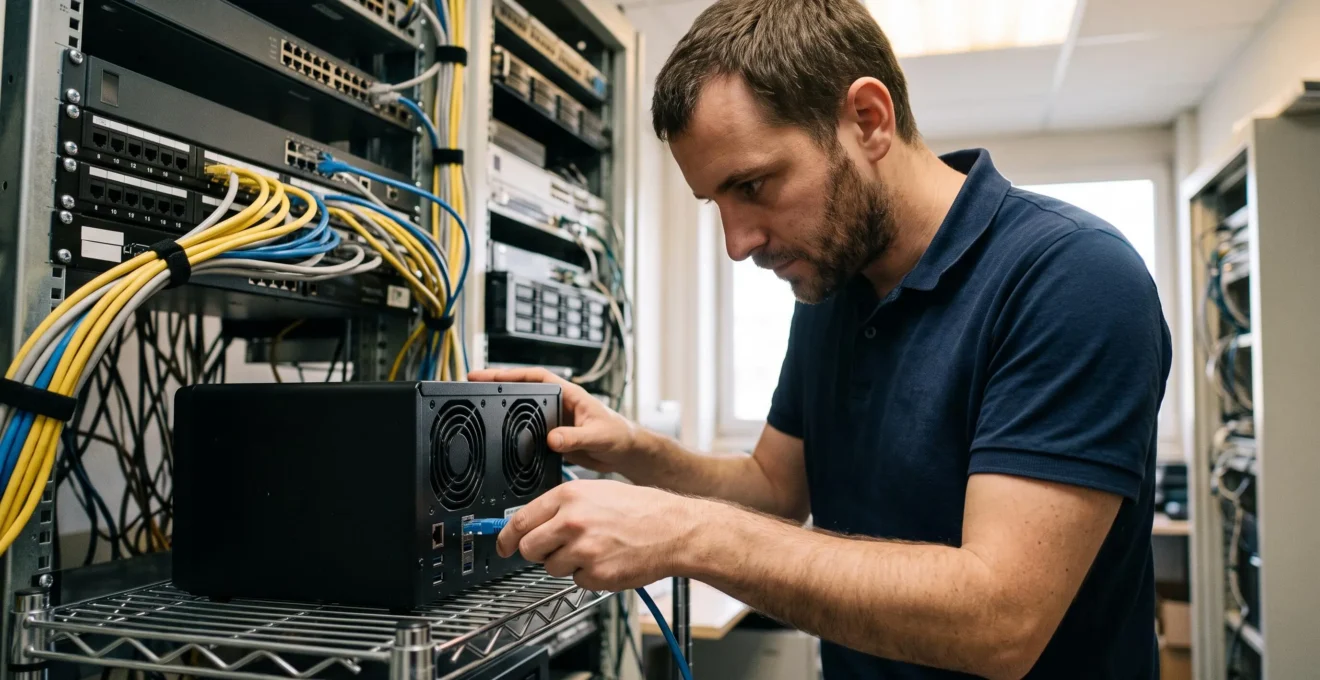 Technicien IT raccordant un équipement de stockage réseau NAS dans une salle technique d'entreprise