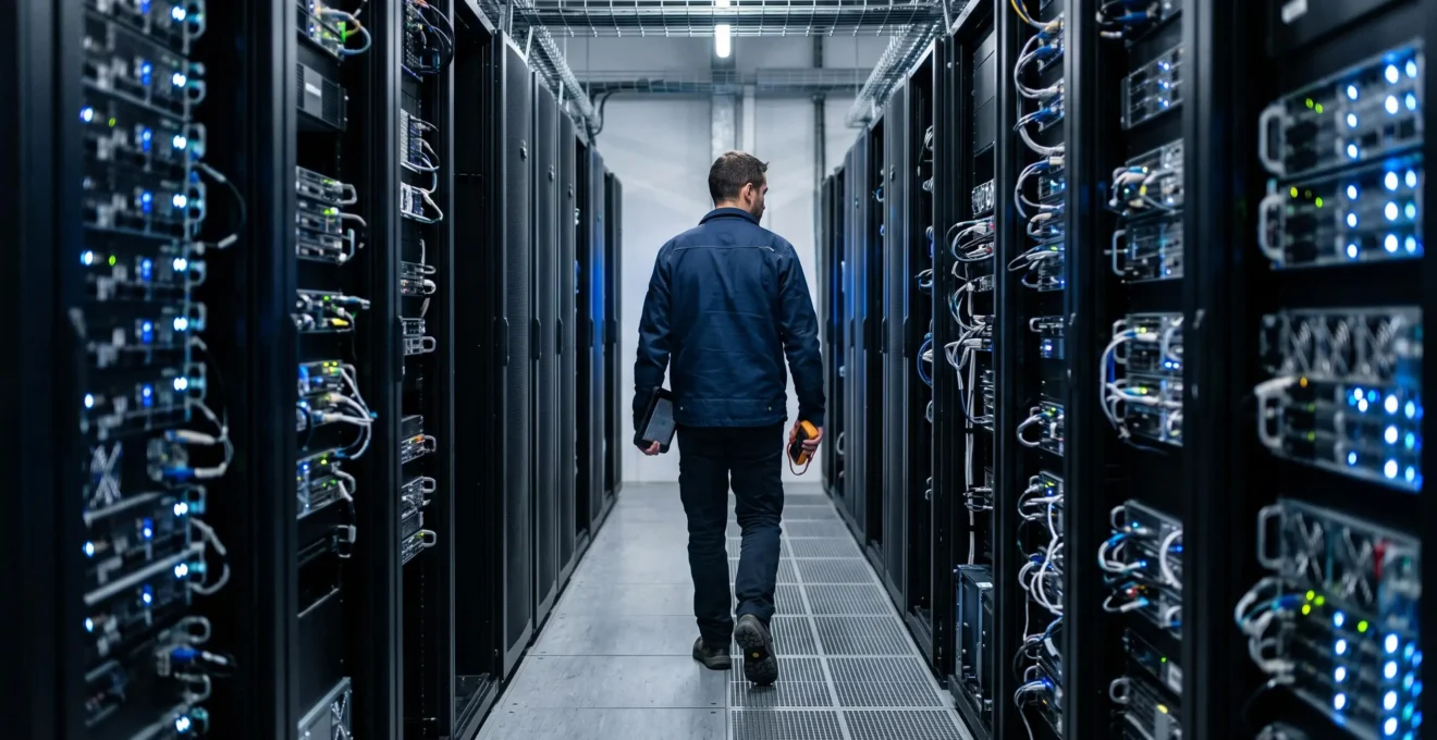 Technicien inspectant une allée de datacenter avec baies de serveurs éclairées