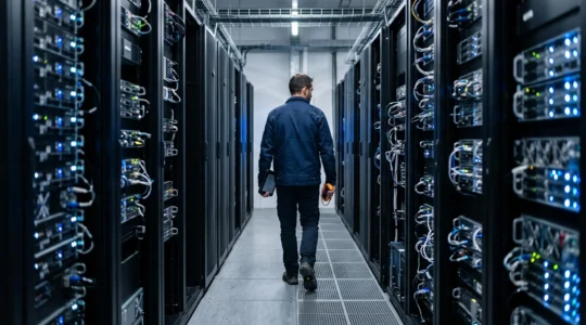 Technicien inspectant une allée de datacenter avec baies de serveurs éclairées