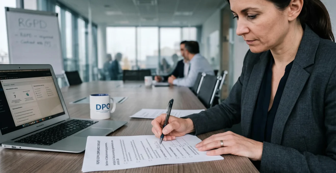 Une déléguée à la protection des données annote une liste de contrôle papier devant un ordinateur portable